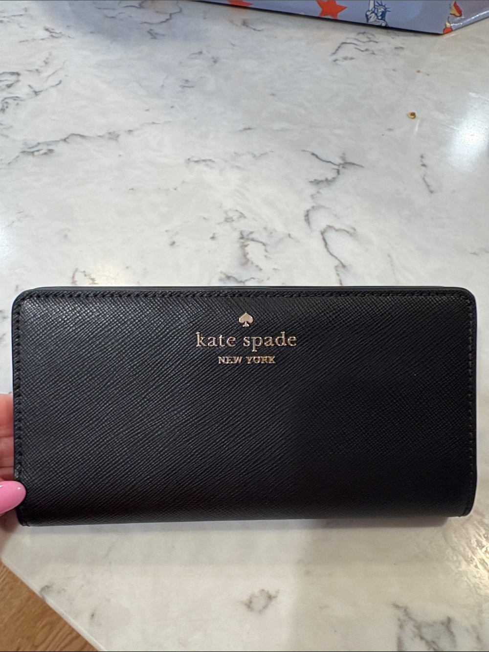 kate spade Black Saffiano Leather Continental Wallet with Gold Logo